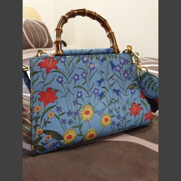Gucci Nymphae Azure Shanghai Leather Handbag Snap Floral Blue Gold Bag Purse NEW - Picture 3 of 16